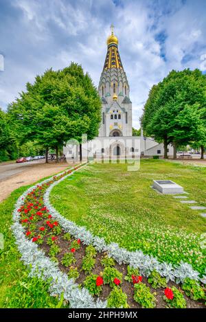 Vista della vecchia chiesa commemorativa russa di Lipsia in Germania Foto Stock