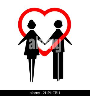 Love Couple Concept. Icone di uomo e donna che tengono le mani con un cuore intorno a loro. Illustrazione vettoriale Illustrazione Vettoriale