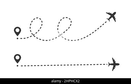 Percorso aereo a forma di linea tratteggiata. In modo rettilineo e ondulato. Concetto di viaggio e turismo Illustrazione Vettoriale
