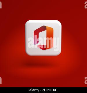 Logo del pacchetto software Microsoft Office su un riquadro che si trova su uno sfondo rosso trasparente. Spazio di copia. Foto Stock