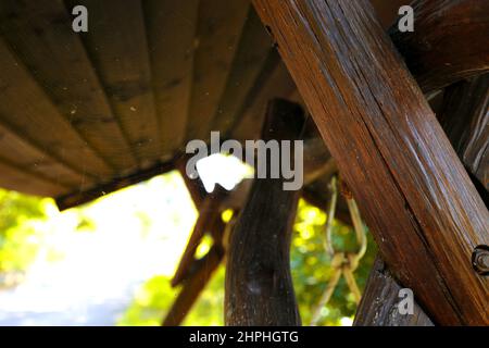 Dondola con un nastro di ciottoli alla luce della sera. Antica altalena in legno con ragnatela. Altalena di legno tra le foglie verdi. Foto Stock