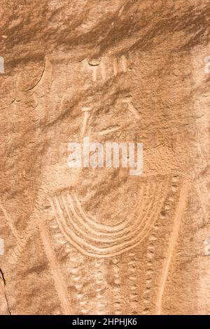 I petroglifi sul ranch McConkie nella forchetta asciutta del canyon di Ashley nello Utah settentrionale sono stati scolpiti nella pietra arenaria dalla gente della coltura di Fremont Foto Stock