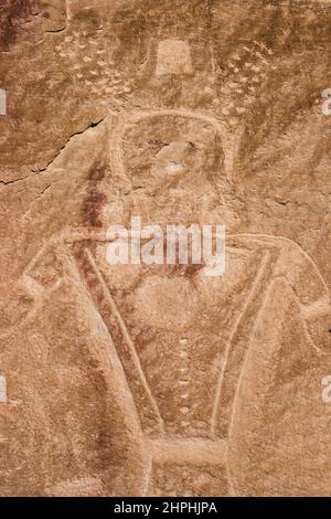 I petroglifi sul ranch McConkie nella forchetta asciutta del canyon di Ashley nello Utah settentrionale sono stati scolpiti nella pietra arenaria dalla gente della coltura di Fremont Foto Stock