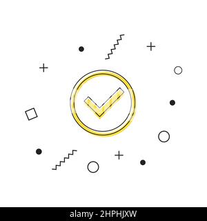 Selezionare il vettore icona segno di spunta. Icona con segno di spunta giallo in un cerchio con forme geometriche su sfondo bianco. Segno di spunta. Vettore Illustrazione Vettoriale
