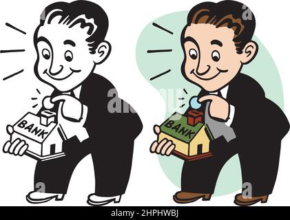 Un fumetto retrò d'epoca di un uomo che salva le sue monete in una piccola banca. Illustrazione Vettoriale