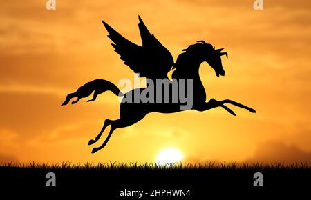 Pegasus Flying su Sky Sunset. Cavallo con ali che saltano Foto Stock