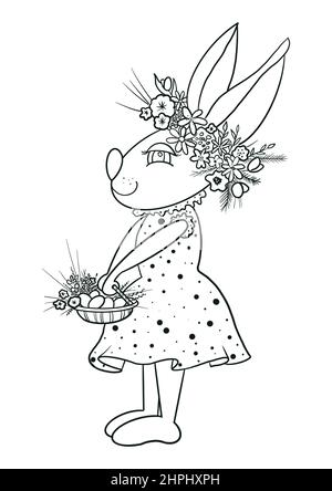 Coniglietto pasquale con una corona di fiori e un cestino di uova pasquali contorno per colorazione isolato su sfondo bianco Foto Stock