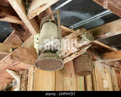 Vecchio olio rustico d'annata o lampada a cupola in vetro cherosene trovato in Alabama rurale, Stati Uniti d'America. Foto Stock