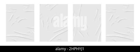 I bianchi di carta stropicciati vengono rifatti isolati su sfondo bianco (superficie piana). Presentazione dei modelli di identificazione dei marchi 4 Poster in legno incollato. Foto Stock