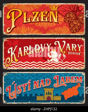 Plzen, Karlovy Vary, Usti nad Labem adesivi e lastre per regioni ceche. Vector vintage banner di destinazione viaggio con luppolo, leone araldico, stemma Illustrazione Vettoriale