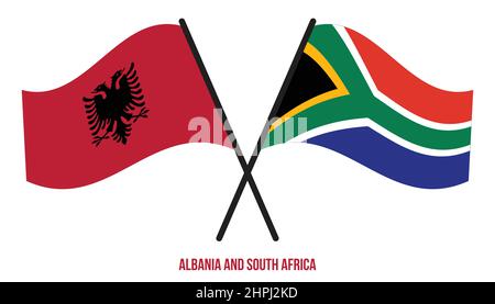 Albania e Sud Africa Bandiere attraversate e ondeggianti stile piatto. Proporzione ufficiale. Colori corretti. Illustrazione Vettoriale