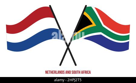 Paesi Bassi e Sud Africa Bandiere incrociate e ondeggianti stile piatto. Proporzione ufficiale. Colori corretti. Illustrazione Vettoriale