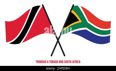 Trinidad & Tobago e South Africa Bandiere attraversate e ondeggianti stile piatto. Proporzione ufficiale. Illustrazione Vettoriale