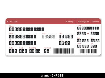 Modello ticket piano. Carta d'imbarco del volo isolata su sfondo bianco. Illustrazione vettoriale Illustrazione Vettoriale