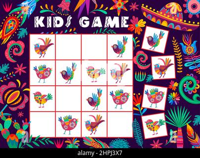 Bambini sudoku gioco con alebrije uccelli messicani, fiori, cactus e piume. Vettore enigma o foglio di lavoro puzzle con uccelli cartoon su scacchiera. Illustrazione Vettoriale