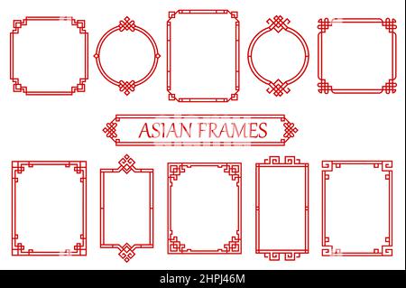 Cornici o confini con nodi, vettori asiatici rossi cinesi, giapponesi e coreani. Ornamenti di modello cinese e angoli orientali, decorazioni di nodo rosso e. Illustrazione Vettoriale