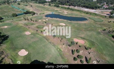 Scatto aereo del Jamor Sports Complex ad Alges, Portogallo Foto Stock