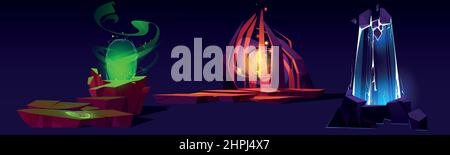 Portali magici, teleporti fantasy sul pianeta alieno, 2D località paesaggistiche. Design ui a livello di gioco, piattaforme volanti per il salto, ingresso al mondo parallelo con illustrazione vettoriale Cartoon al plasma incandescente Illustrazione Vettoriale