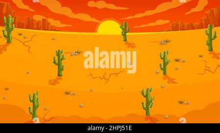 Cartoon messicano deserto sfondo gioco con cactus, sabbia, montagne e cielo sera, vettore. Sfondo del paesaggio del Messico o scena occidentale con il sole dentro Illustrazione Vettoriale