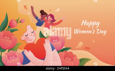 Happy Women's Day Card design. Illustrazione di una donna lunga capelli circondata da fiori che abbraccia un cuore grande e due femmine che alzano le mani in te Illustrazione Vettoriale