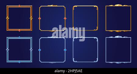 Set di cornici da gioco quadrate ui, bordi medievali testurizzati di oro, argento o metallo d'acciaio con gemme. Cartoon metallo vuoto bordering con pietre preziose, elementi GUI di design isolato, illustrazione vettoriale Illustrazione Vettoriale