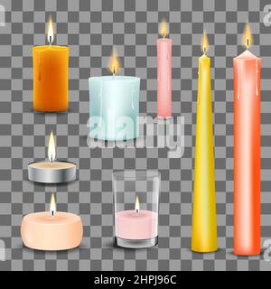 Candele 3D realistico insieme isolato su sfondo trasparente illustrazione vettoriale Illustrazione Vettoriale