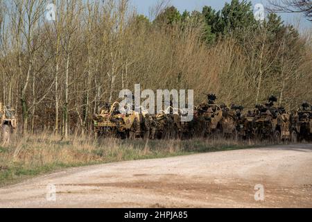 diversi supacat dell'esercito britannico schiacali esercito rapido assalto, sostegno del fuoco e veicolo di ricognizione in azione su un esercizio militare Foto Stock