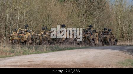 diversi supacat dell'esercito britannico schiacali esercito rapido assalto, sostegno del fuoco e veicolo di ricognizione in azione su un esercizio militare Foto Stock