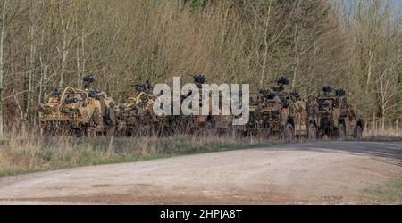 diversi supacat dell'esercito britannico schiacali esercito rapido assalto, sostegno del fuoco e veicolo di ricognizione in azione su un esercizio militare Foto Stock