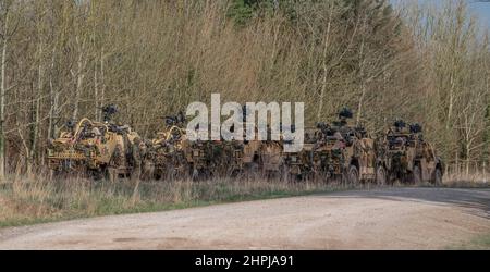 diversi supacat dell'esercito britannico schiacali esercito rapido assalto, sostegno del fuoco e veicolo di ricognizione in azione su un esercizio militare Foto Stock