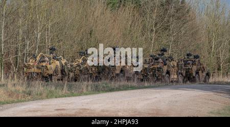 diversi supacat dell'esercito britannico schiacali esercito rapido assalto, sostegno del fuoco e veicolo di ricognizione in azione su un esercizio militare Foto Stock