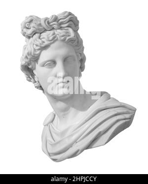 Dio Apollo busto scultura. Antico Dio greco del Sole e Poesia Copia in gesso di una statua di marmo isolata su bianco con sentiero di taglio Foto Stock