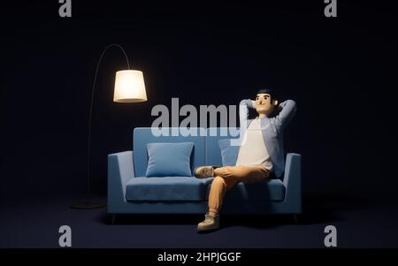 Un uomo cartoon rilassarsi nel divano, 3D rendering. Disegno digitale del computer. Foto Stock
