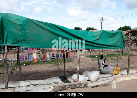 Una donna è vista vendere borse di mais sulla strada nel distretto di Chikwawa Malawi. Molti venditori vendono i loro prodotti lungo le autostrade. Malawi. Foto Stock