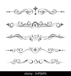 Raccolta di divisori di testo disegnati a mano, vignette. Eleganti separatori di paragrafi o pagine decorative in stile tatuaggio orientale con mehendi Illustrazione Vettoriale