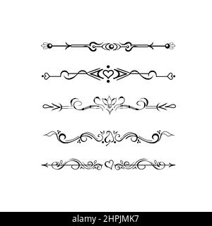 Set di delimitatori di testo ornati, divisori di paragrafo, linee di decorazione inferiori della pagina, bordi o vignette. Elementi romantici disegnati a mano in stile orientale Illustrazione Vettoriale
