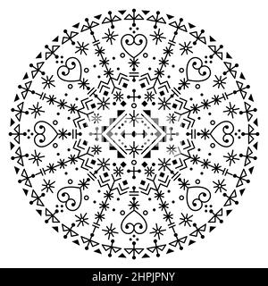 Nordic islandese runa stile geometrico vettore mandala design - tribale arte decorazione a linea tonda con cuori in bianco e nero Illustrazione Vettoriale