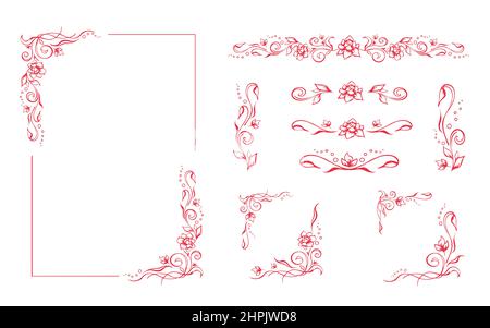 Elegante cornice floreale con rose e fioritura. Collezione di vignette, bordi, divisori e angoli di rose romantiche disegnate a mano d'epoca Illustrazione Vettoriale