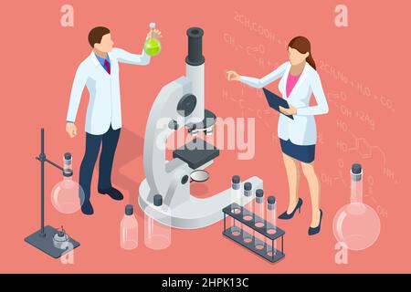 Concetto di laboratorio chimico isometrico. Gli assistenti di laboratorio lavorano in esperimenti scientifici medici chimici o biologici di laboratorio. Laboratorio Illustrazione Vettoriale