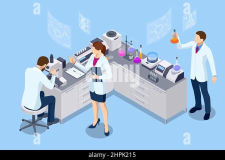 Concetto di laboratorio chimico isometrico. Gli assistenti di laboratorio lavorano in esperimenti scientifici medici chimici o biologici di laboratorio. Laboratorio Illustrazione Vettoriale