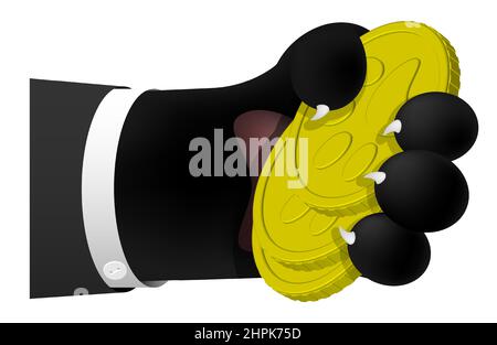 la zampa di gatto mette una pila di monete d'oro. Restituzione del debito alla banca. Crimini economici, tangenti ai funzionari. Vettore isolato realistico 3D su bac bianco Illustrazione Vettoriale