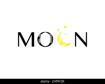 Luna stelle carattere parola icona illustrazione. Mezzaluna lune logo segno vettore biglietto da visita sfondo. Disegno dell'elemento dell'alfabeto giallo nero scritto a mano Illustrazione Vettoriale