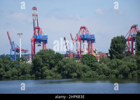 Enormi autogru e contenitori portuali di Amburgo blu e rosso visti da Altes Land, la più grande regione di produzione di frutta del Nord Europa, giorno estivo soleggiato Foto Stock