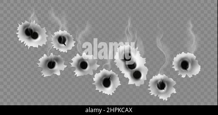 Fori metallici da colpi di proiettile con effetto fumo. Crepe realistiche nel bersaglio in acciaio. Concetto di vettore di arma da fuoco criminale o di guerra Illustrazione Vettoriale