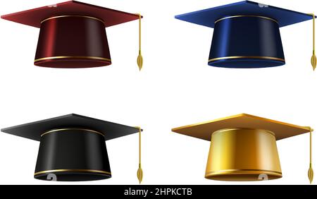 Tappo graduato realistico 3D dorato, blu, rosso e nero. Cappello quadrato accademico per la cerimonia universitaria allievo laureato che celebra il vettore impostato Illustrazione Vettoriale