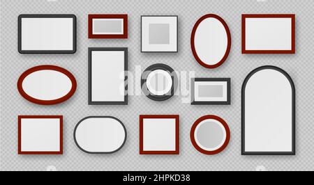 Cornici fotografiche realistiche nere ovali, rotonde, quadrate e rettangolari. Moderne sagome per cornici da parete. Set vettoriale decorativo Illustrazione Vettoriale