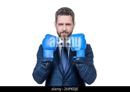 Il responsabile senior indossa guanti da boxe in stile business formale isolati su bianco, concorrenza Foto Stock