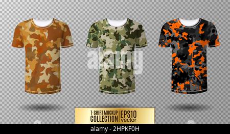 Camicie militari da uomo. Set di t-shirt mock up. Mimetizzazione. Vettoriale realistico, illustrazione 3D Illustrazione Vettoriale