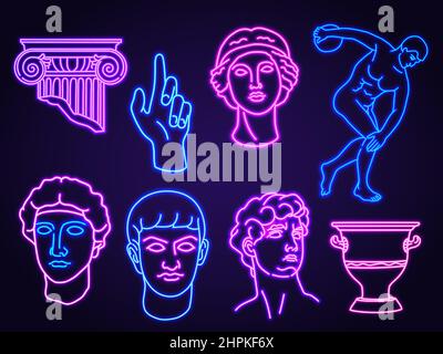 Neon scultura greca antica e statua disegno del profilo. Testa, colonna e vaso antichi e luminosi per la moda creativa t shirt stampa vettoriale set Illustrazione Vettoriale