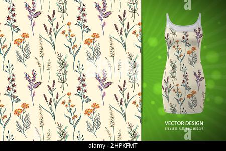 Ripetizione senza giunture. Fiori semplici. Mazzi di fiori selvatici. Prato di fiori. Illustrazione disegnata a mano. Illustrazione Vettoriale